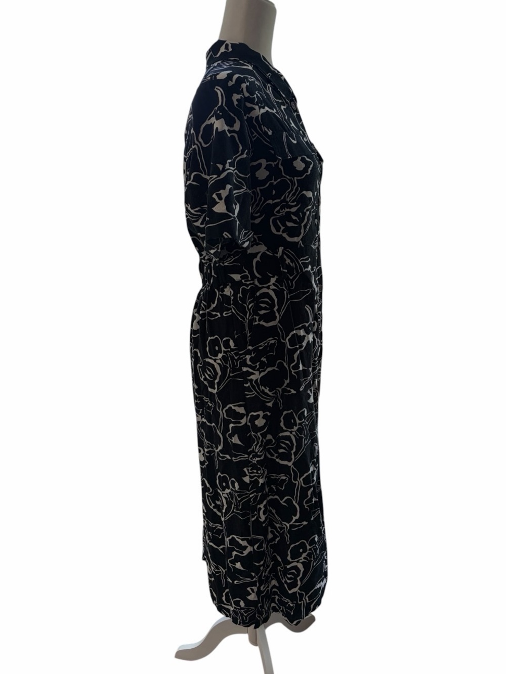 MELLODAY Black & White Floral Abstract Print Midi Shirt Rayon-Linen Blend Dress - Picture 4 of 11